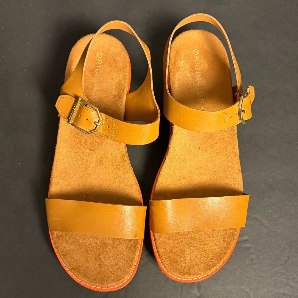 COLE HAAN Women's 8 OriginalGrand Flatform Leather Buckle Wedge Sandals Cognac - Picture 5 of 11